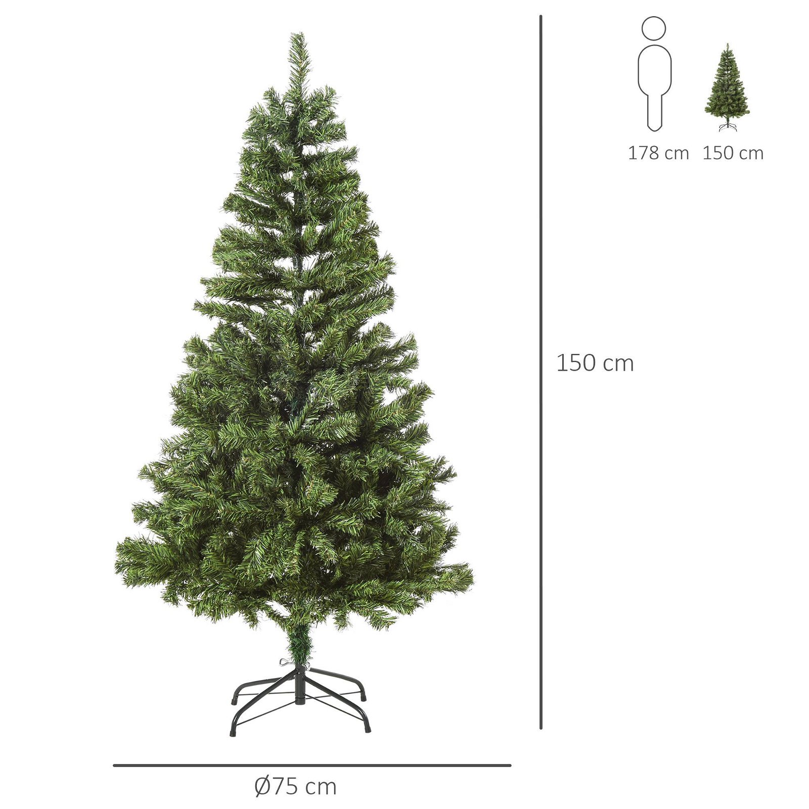Árvore de Natal artificial com 490 ramos 170 luzes LED Estrutura articulada  com base dobrável de metal | O Meu Jardim