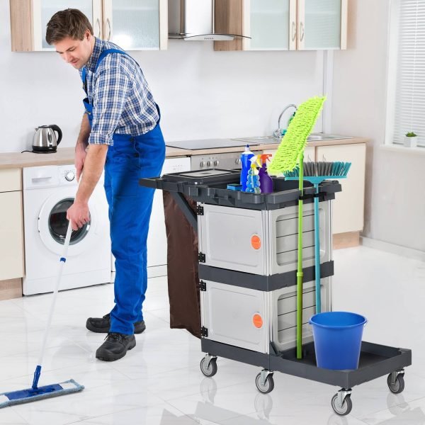 Carrinho de limpeza profissional com saco de lixo com rodas com tampa 131x56x93 cm