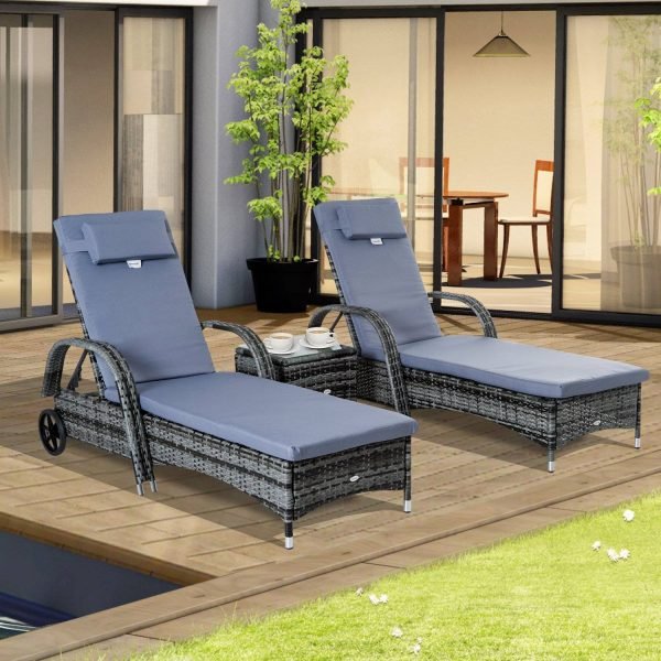 2 Espreguiçadeiras Tipo Chaise Longue Cinza Acolchoadas em Rattan com Mesa para o Jardim - Image 1