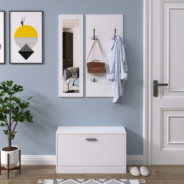 Conjunto de móveis de entrada 3 em 1 com sapateira com espelho e cabide com 4 ganchos para pendurar ropa para corredor 80x27x46