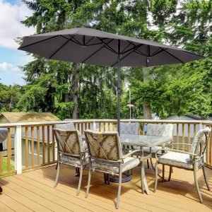 Outsunny Pára-sol Duplo para Tendas de Jardim Terraço Toldos de Tecido de Poliéster Sombrinha Gigante para a Praia Proteção Solar UV 4.6x2.7x2.4m Cinza