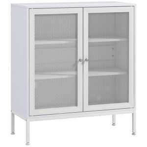 Aparador de 3 Níveis Móvel Auxiliar com Portas Malha e Prateleira Ajustável Cozinha Moderno para Sala 80x37x92 cm Branco