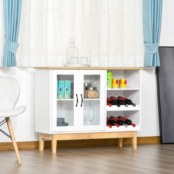 Aparador de Cozinha com Suporte para 8 Garrafas de Vinho Armário com 2 Portas de Cristal e Prateleira com Altura Ajustável para Sala de Jantar 103x34x80cm Branco e Carvalho
