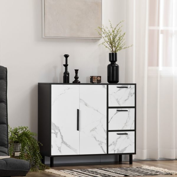 Aparador de Sala de Estar com 2 Portas e 3 Gavetas Estilo Moderno 90x30x80cm Branco e Preto