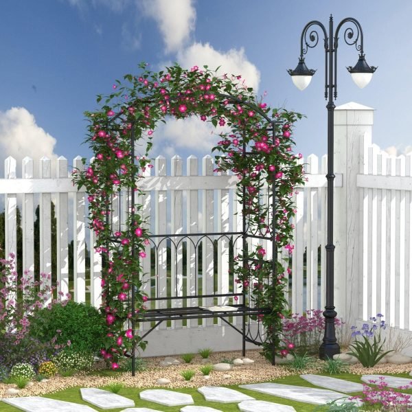 Banco de Metal com Arco de Jardim de plantas trepadeiras e rosas, 115x50x203cm Preto - Image 1