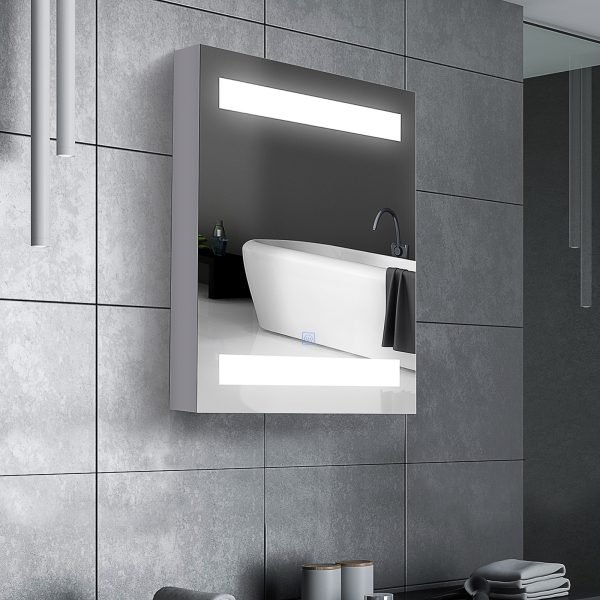 Armário Casa de Banho com Espelho e Luz LED Armário com Espelho com 2 Prateleiras