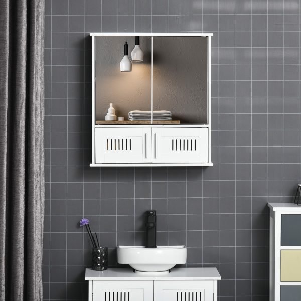 Armário de Casa de Banho com Espelho de Parede com 4 Portas Armário Suspenso com Grande Armazenamento com Prateleira Interior Estilo Moderno 55x17