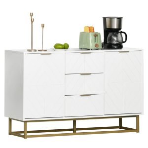 Armário de armazenamento Aparador Auxiliar com 3 Gavetas e 2 Armários com Porta Prateleira Ajustável para Sala Cozinha 120x40x76 cm Branco