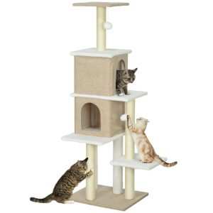 Arranhador para Gatos  Altura 140 cm com 2 Cavernas Plataformas Bolas Suspensas e Poste de Sisal Marrom Claro