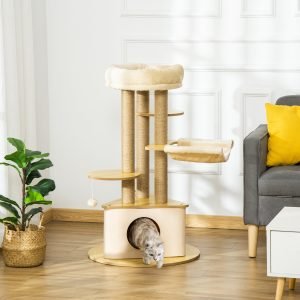 Árvore Arranhadora para Gatos Ø60x99 cm com Caverna Triangular de Feltro Removível Rede Cama Lavável Postes Arranhador de Juta e Bola Suspensa Bege e Natural