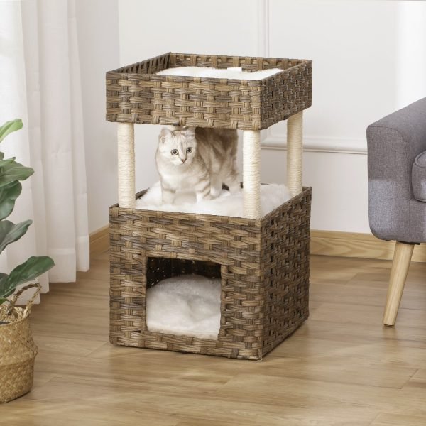 Árvore Arranhadora para Gatos de Vime Torre para Gatos Médios com Caverna 2 Camas Postes de Sisal Natural e Almofadas Laváveis de Pélucia Suave 40x40x70cm Marrom