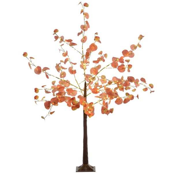 Árvore de Eucalipto Artificial 150 cm com 245 Luzes LED e Base Decoração para Interior Exterior Laranja Marrom