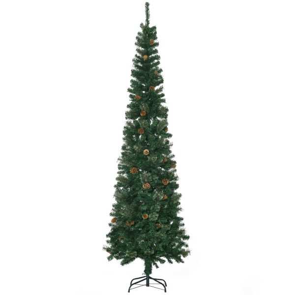 Árvore de Natal Artificial 225 cm com 706 Ramos Estreita Slim 56 Pinhas Base Dobrável Ø58x225 Verde