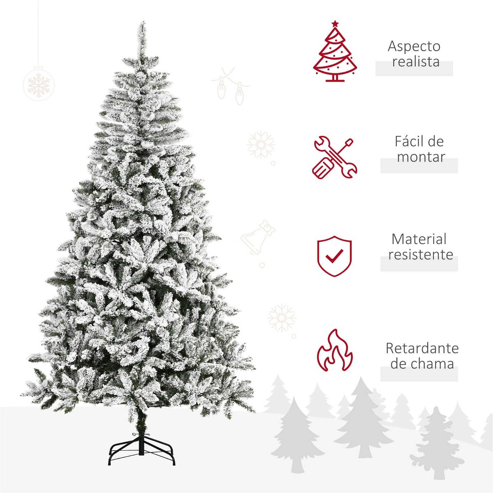 Árvore de Natal Artificial 255cm com Neve Ignífuga com 1300 Ramos, Folhas  de PVC, Abertura Automática, Base Dobrável e Suporte Metálico Decoração de  Natal para Interiores Verde | O Meu Jardim