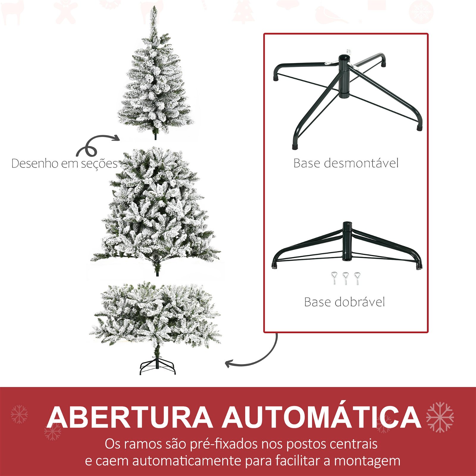 Árvore de Natal Artificial 255cm com Neve Ignífuga com 1300 Ramos, Folhas  de PVC, Abertura Automática, Base Dobrável e Suporte Metálico Decoração de  Natal para Interiores Verde | O Meu Jardim
