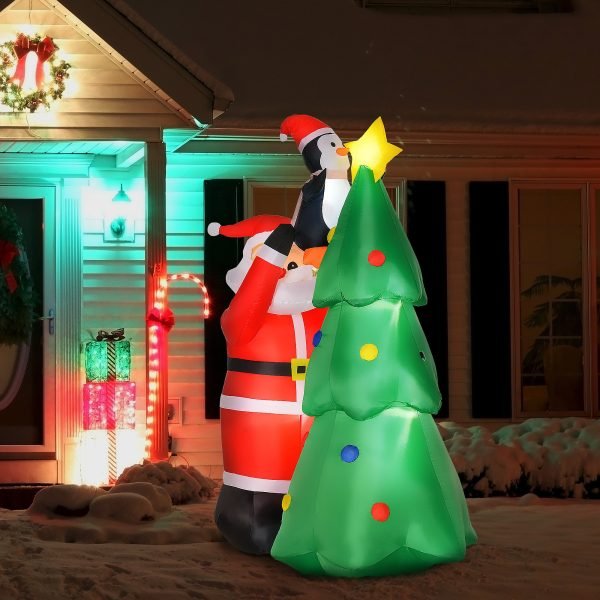 Árvore de Natal Inflável 184cm com Luzes LED Decoração de Natal Inflável com Papai Noel e Pinguim para Festas Interiores e Exteriores 123x80x184cm Multicor