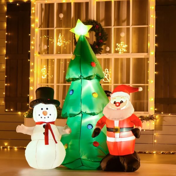 Árvore de Natal Inflável 185cm com Luzes LED Papai Noel e Boneco de Neve Infláveis Decoração de Natal Iluminada Interior e Exterior 105x145x185cm Multicolor
