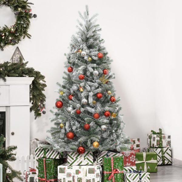 Árvore de Natal Nevada Artificial 150cm com 521 Ramos PVC e PE Base Dobrável e Suporte de Metal Decoração de Natal para Interiores Ø90x150cm Verde e Branco