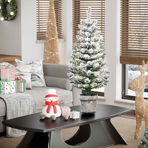 Árvore de Natal Pequena Artificial Ø40x90cm com Luzes LED 116 Ramas Vaso Desmontável e Suporte de Metal Decoração de Natal para Interior Verde e Branco