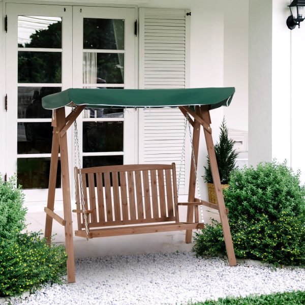 Baloiço de Madeira com Toldo Verde para Jardim com Carga máx. de 227 kg, 160x120x165 cm, Cor Castanho e Verde - Image 1