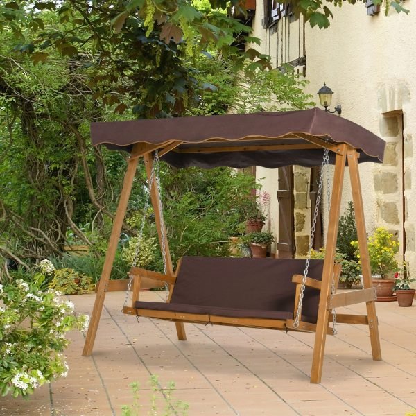 Baloiço de jardim em madeira para 3 lugares com almofada e encosto acolchoado - Image 1