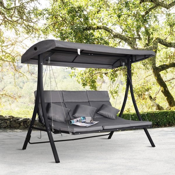 Baloiço com toldo ajustável de 3 lugares com almofadas para jardim ao ar livre e terraço, Carga 270kg 200x115x168cm, Cor Cinza - Image 1