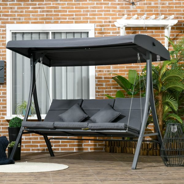 Baloiço de Jardim de 3 Lugares com Toldo Ajustável 3 Almofadas e Estrutura de Aço Carga Máxima 320 kg 202x115x168cm Cinza