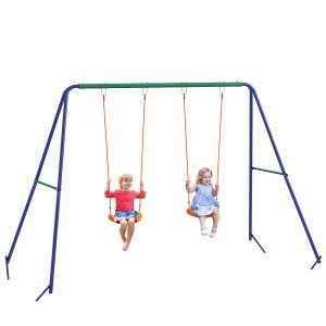 Baloiço para Crianças de 3-8 Anos com 2 Assentos Resistente aos Raios UV e Suporte de Metal Carga 90 kg 269x160x180 cm