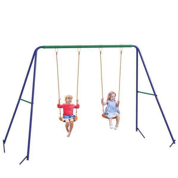 Baloiço para Crianças de 3-8 Anos com 2 Assentos Resistente aos Raios UV e Suporte de Metal Carga 90 kg 269x160x180 cm