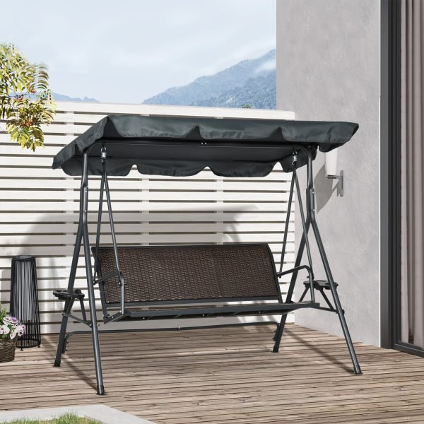 Baloiço para Exterior com Toldo Ajustável Assento de Vime 2 Suporte para Capos 2 Bandejas e Estrutura de Aço