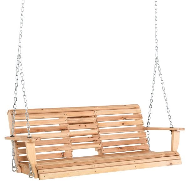 Banco Suspenso de Madeira com Mesa de Centro Dobrável 2 Porta-copos e Apoios de Braço 150x75x53 cm