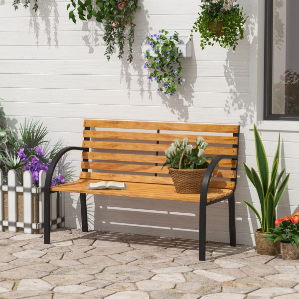 Banco de jardim 2 lugares com encosto e apoios de braços em madeira com estrutura de aço, 122x60x80cm - Image 1