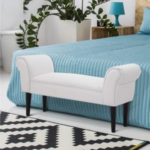 Banco para Pé de Cama Banco estofado com braços Banco de madeira para quarto sala de estar 102x31x51cm Carga 130kg Branco