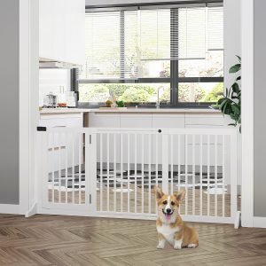 Barreira de Segurança Extensível para Cães. Proteção para Escadas e Portas. 3 Peças com Estrutura de Madeira e Suporte de Pé 113-166x36x71cm