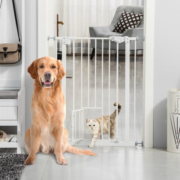 Barreira de Segurança para Cães Animais de Estimação 74-100cm para Escadas Portas e Corredores com Porta para Gatos Fechamento Automático e Sistema de Duplo Bloqueio Altura 91