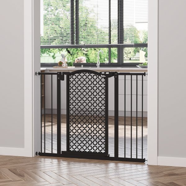 Barreira de Segurança para Cães Animais de Estimação para Portas Escadas Corredores 74-105cm com 2 Extensões de 10/15cm com Porta e Fechadura Automática Aço Preto