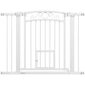 Barreira de Segurança para Cães Extensível 76-102 cm Animais Estimação com 2 Extensões Duplo Bloqueio e Porta Pequena Escada Branco