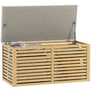 Baú de Arrumação para Dormitório 122L em Linho Sintético com Almofada 90x42x43 cm Cinza e Madeira