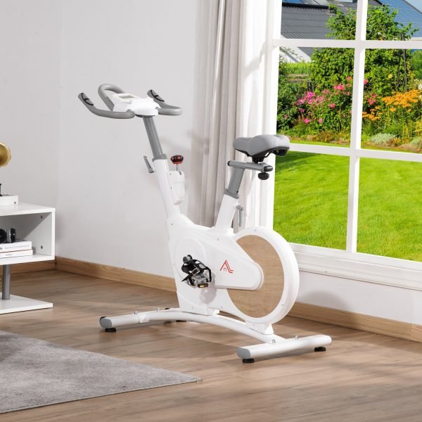 Bicicleta Estática com Volante de Inércia de 8 kg Bicicleta Estática com Assento e Guiador Ajustáveis em Altura Tela LCD Pulsômetro e Rodas para Casa 125x50x98-107cm Branco
