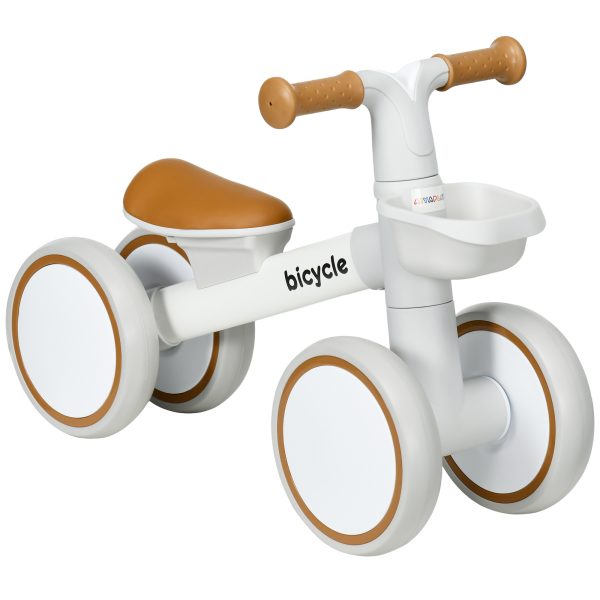 Bicicleta sem Pedais para Crianças de 12-36 Meses Equilíbrio com Assento Ajustável Cesta e 4 Rodas Silenciosas Carga 20 kg 56x27x39 cm Marrom