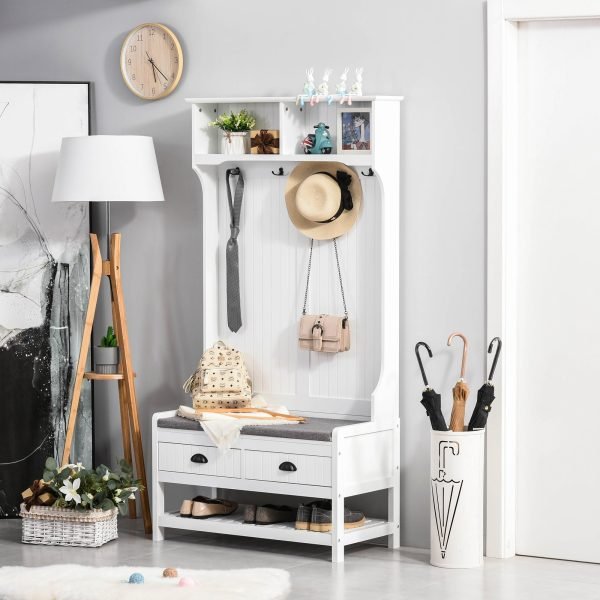 Cabide Sapateira com banco 4 ganchos 2 compartimentos abertos 2 gavetas removíveis e prateleira inferior moderna para corredor 87x42x172 cm Branco