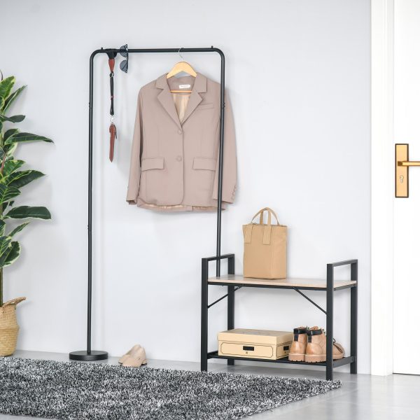 Cabideiro com Sapateiro e Banco 3 em 1 Cabideiro de Pé Giratório 360° com Prateleira Móvel de Entrada Múltiplas Formas para Entrada 159x30x159cm Natural e Negro
