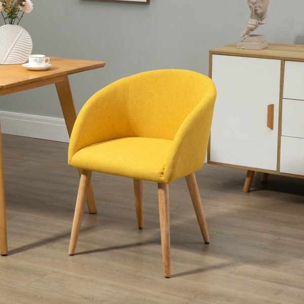 Cadeira de Sala de Jantar Estofada em Linho Sintético Transpirável com Assento Acolchoado e Pés de Madeira Cadeira Moderna para Sala de Estar Dormitório 55x58x74cm Amarelo