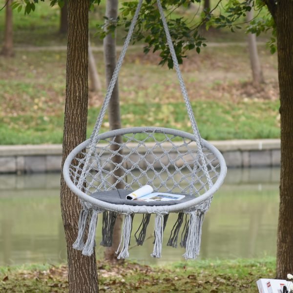 Cadeira suspensa redonda Ø60 cm Cadeira de rede de balanço com almofada e corda de algodão para interior e exterior 80x80x42 cm Cinza