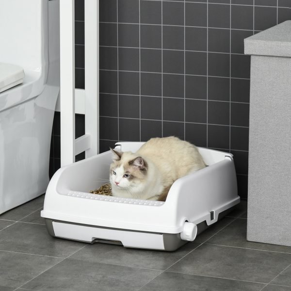 Caixa de Areia para Gatos Caixa de Areia Aberta Semi-Automática com Botão Ancinho Bandeja Removível e Borda Alta 62x46