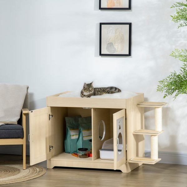 Caixa de Areia para Gatos de Madeira com 2 Portas Móvel para Caixa de Areia com Cama Almofada Suave