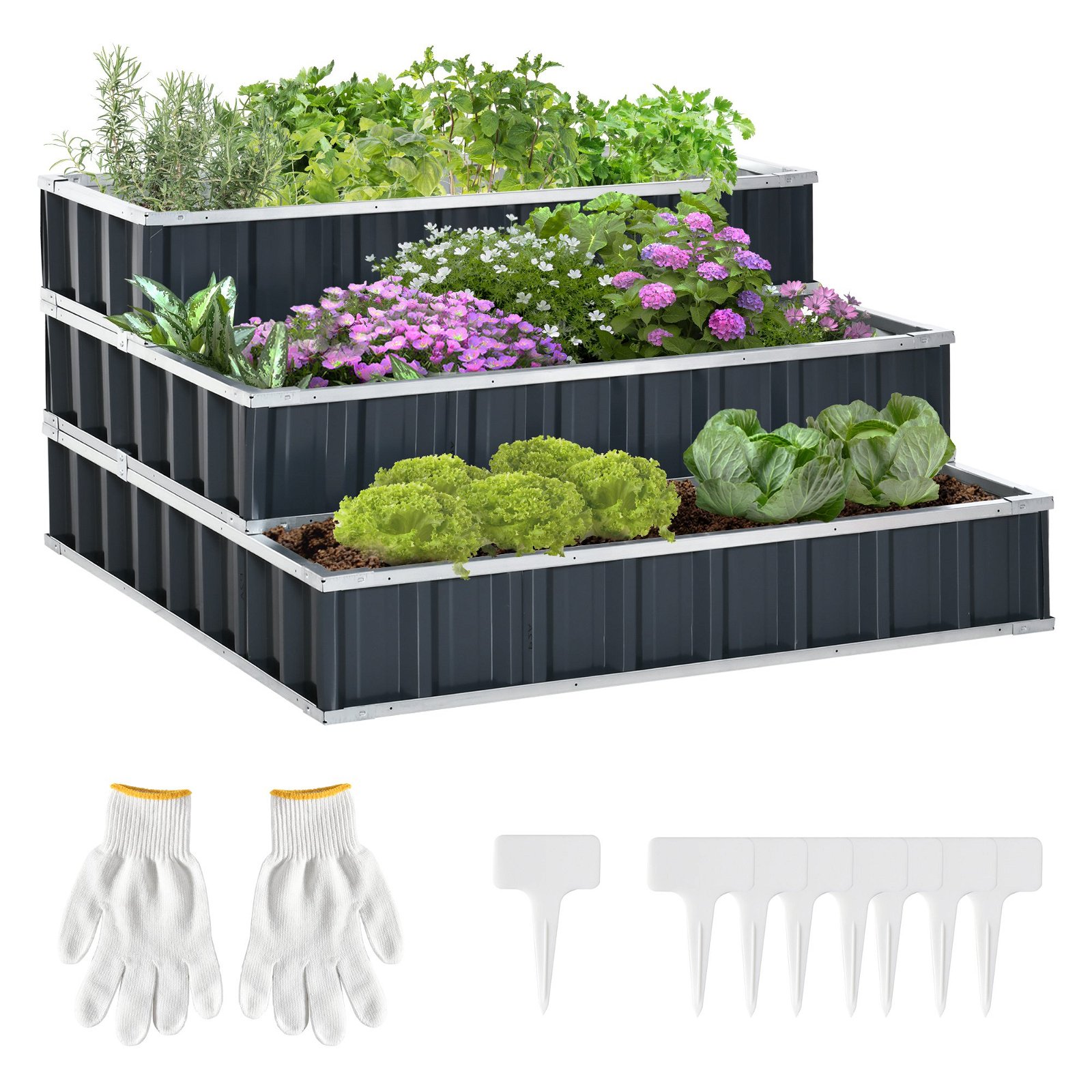 Caixa para cultivos de 3 Alturas para Jardim com Luvas para Cultivos de  Plantas Exterior 118x118x62cm Cinza | O Meu Jardim