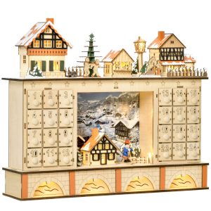 Calendário de Advento de Madeira com Luzes e 24 Gavetas de Contagem Regressiva Decoração de Natal 44x10x37 cm