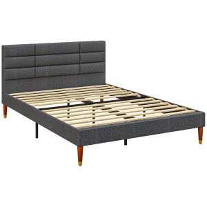 Cama 140x200 cm Estrutura de com Cabeceira Estofada em Linho e Espaço Armazenamento Debaixo da Carga 250 kg Cinza