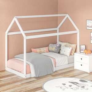 Cama Individual 90x190 cm Estrutura de Somier Madeira em Forma Casa Carga 120 kg para Quarto Branco